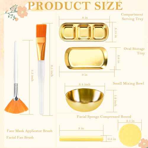 23 Pcs Esthetician Supplies 3 Stainless Steel Gold Mixing Bowls Gold Small Serving Tray 3 Compartment Serving Tray 3 Facial Fan Brushes 3 Face Mask Applicator Brush 12 Facial Sponge Compressed Round