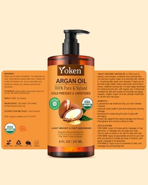 Yoken Organic Argan Oil for Hair 4 Fl Oz, USDA Pure and Natural Morocco Argan Oil, Argon Oil For Hair, Scalp, Face & Skin Care, 100% Cold Pressed Hair Conditioner, Unrefined Argon Nails Carrier Oil