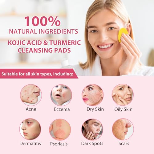 Turmeric Cleansing Pads, Kojic Acid & Turmeric Cleansing Pads,Turmeric Pads for Face Dark Spots, Curcumin Turmeric Cleansing Cotton Pads, Turmeric kojic pads, Turmeric Cleansing Pads for Face (40 PCS)