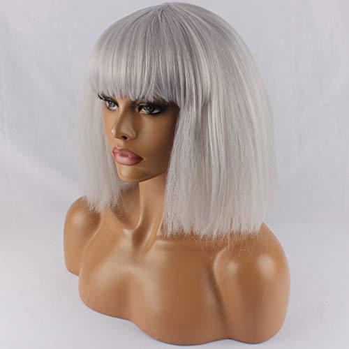 WeKen Women's Fashion Wig Short Bob Kinky Straight Full Bangs Synthetic Gray