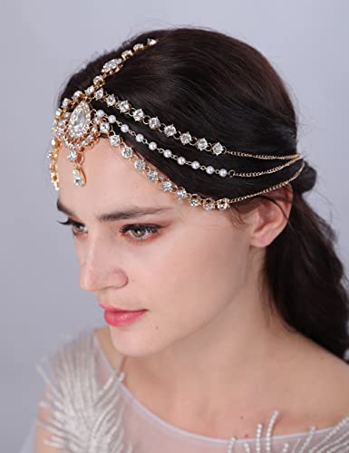 Missgrace Wedding Bridal Bohemian Vintage Rhinestones Pearls Head Chain Hair Jewelry Head Piece Headband Halloween Hair Accessories for Women and Girls (Gold)