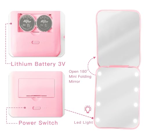 Aganmi Personalized Birthday Graduation Gifts for Teen Girls Her Pearl Initial Pink Travel Compact Mirror with Lights Portable 1X/2X Magnification 2-Sided Mini LED Pocket Makeup Mirror for Purse (L)