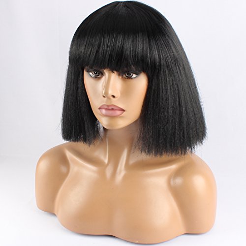 WeKen Fashion Wig Women's Short Bob Kinky Straight Full Bangs Synthetic Hairpieces Black