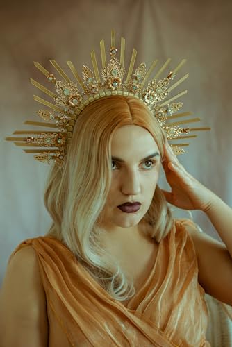 COSUCOS Gold Halo Sunburst Spike Crown - Zip Tie Greek Costume Goddess Headpiece Medusa Queen Adult Headdress Flower Piece Crown Headband Accessories