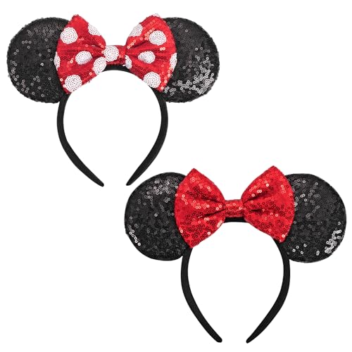 Seamoy Mouse Ears headband,2pcs Sequin Headband Glitter Hairband for Baby Shower Headwear Halloween Theme Party Decoration(Red&Polka dot)