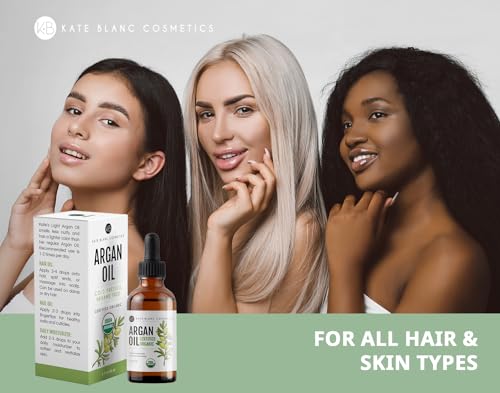 Kate Blanc Cosmetics Argan Oil for Hair, Face & Skin from Morocco. Promotes Hair Growth (2oz, USDA Certified Organic, Cold Pressed & 100% Pure, Light)