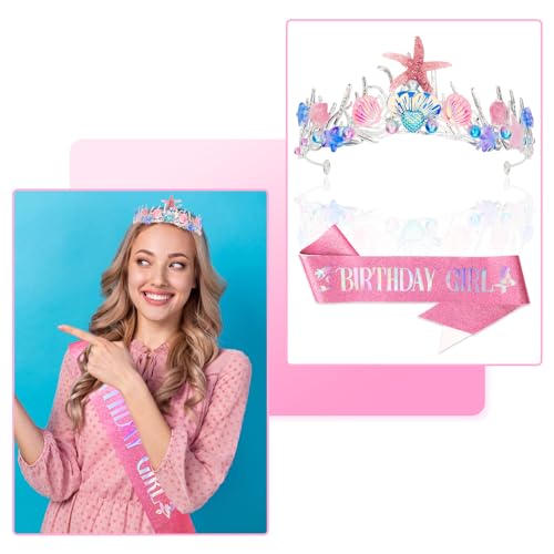 GAFATORY Pink Mermaid Crown and Sash for Women Birthday Crown and Sash for Birthday Girl Mermaid Adult Crown Ocean Theme Mermaid Birthday Decoration Birthday Gift Seashell Fishtail Crown Halloween