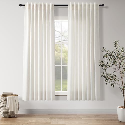 Nanspring Natural Linen Curtains for Kitchen Windows Over Sink - Cafe Curtain Semi Sheer with Rod Pocket and Back Tab Lightweight Rustic Textured Bistro Curtains for Bathroom, 2 Panels 25 x 24 Inch