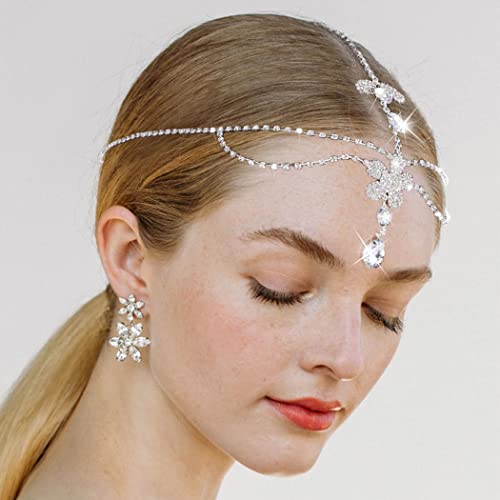 Aularso Layered Head Jewelry Forehead Wedding Hair Chain Rhinestone Headpiece Bridal Halloween Headband for Women and Girls (Silver)