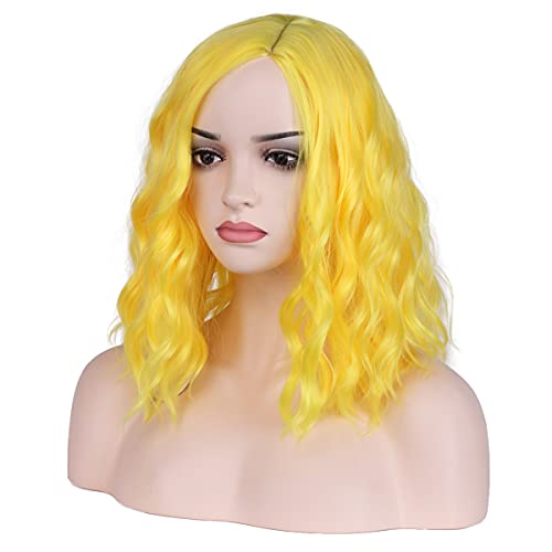 MAGQOO Yellow Wig Side Part Short Curly Wavy Bob Wig Yellow Hair Wigs Synthetic Halloween Cosplay Costume Party Wigs (Yellow, Women Girls)