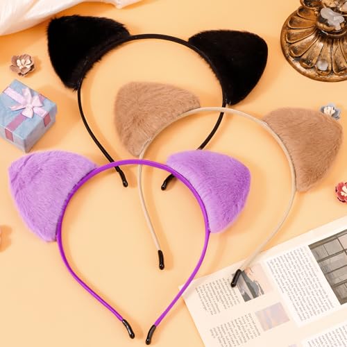 Vovii Cat Ears Headband for Women and Girls, Furry Cat Ear Headbands for Adult Halloween Cosplay Costume (3Pcs)