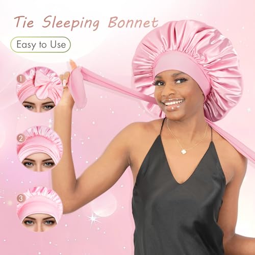 BONNET QUEEN Large Satin Bonnet Silk Bonnet for Sleeping Women Hair Bonnet Big Bonnet Night Sleep Cap Scarf Wrap for Curly Hair with Tie Band Pink