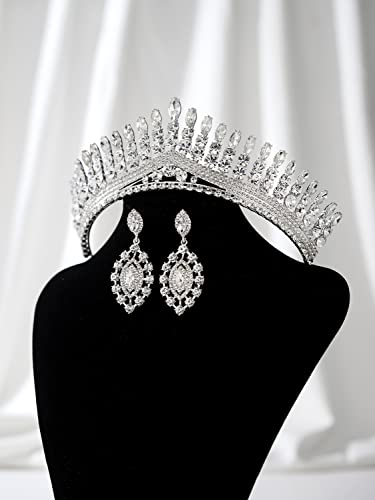 SWEETV Tiara Crown for Women, 2-Pack Wedding Tiara Earrings for Bride, Crystal Queen Crown Princess Hair Accessories for Prom Pageant Quinceanera, Bridal Jewelry Set, Silver