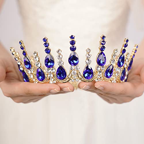 Wekicici Blue Round Crystal Tiaras Queen Crowns for Women Girls Princess Tiara with Rhinestone Wedding Crown for Prom Bridal Festival Party Christmas Gifts (Blue)