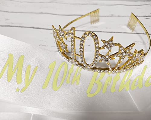 Happy 10th Birthday Tiara and Sash Gifts Crystal Rhinestone Princess Crown Birthday Girl Party Favor Supplies Gold Crowns Silver Letter Black Sash