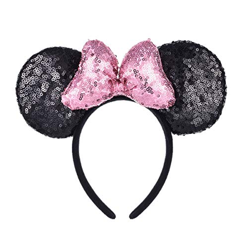 A Miaow 3D Black Mouse Sequin Ears Headband MM Glitter Butterfly Hair Clasp Park Supply Adults Women Photo Accessory (Black and Pink)