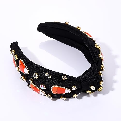 Halloween Headbands Rhinestone Knotted Headband for Women Crystal Spider Candy Corn Jeweled Embellished Wide Top Knot Hairband Halloween Cosplay Party Hair Accessories (Candy Corn Knot Hairband)