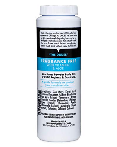 DUDE Body Powder - Fragrance Free 4 Ounce Bottle Natural Deodorizers With Chamomile & Aloe, Talc Free Formula, Corn-Starch Based Daily Post-Shower Deodorizing Powder for Men