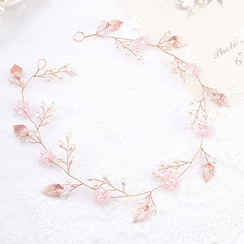 Teyglen Wedding Bride Rhinestones Pearls Crystal Headband Hair Vine Handmade Bridal Rose Gold Flower Beads Leaf Headband Wedding Hair Accessories for Brides Floral Hair Pieces Headpieces for Women