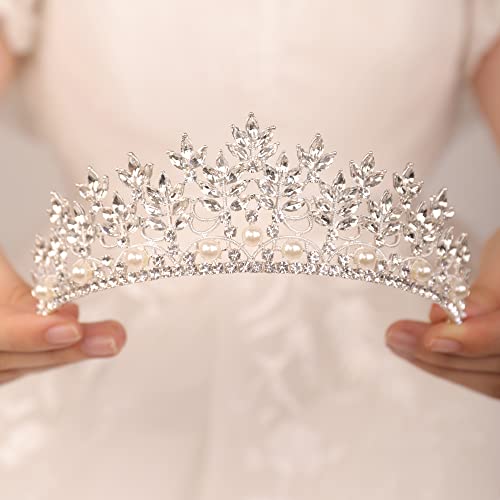 JWICOS Silver Wedding Tiara Crown for Brides and Bridesmaid Pearl Floral Queen Crown Bridal Headpieces for Women and Girls Royal Accessories for Birthday Prom Pageant Party Gift (Silver)