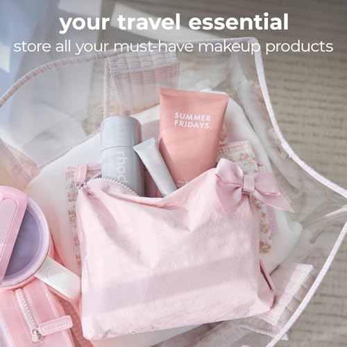 Case-Mate Essential Crinkle Bow Makeup Bag - Waterproof Zipper Pouch - Daily Use Travel Pouch for Toiletries and Beach Essentials - Perfect Small Cosmetic Bag for Secure Storage - Ballet Pink