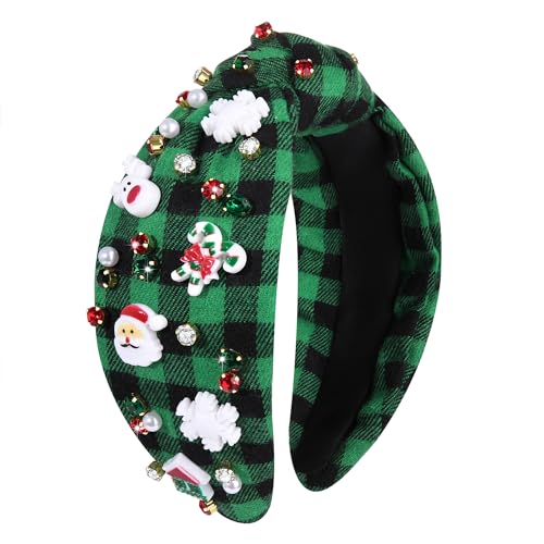 Christmas Holiday Headband for Women Christmas Accessories Cute Reindeer Snowflake Candy Cane Knotted Headband Red Green Beaded Rhinestone Pearl Wide Top Knot Headband Xmas Plaid Hairband Gifts