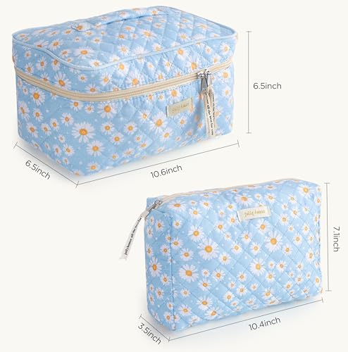 HBselect Quilted Makeup Bag, 3PCS Cotton Large Travel Makeup Bag, Cute Floral Coquette Make up Bag Cosmetic Bag Toiletry Bag for Women Girls