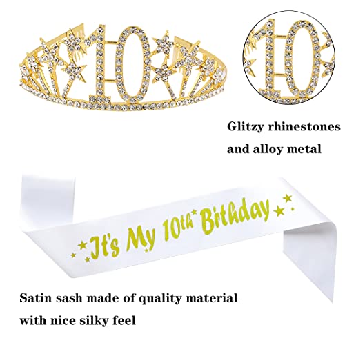 Happy 10th Birthday Tiara and Sash Gifts Crystal Rhinestone Princess Crown Birthday Girl Party Favor Supplies Gold Crowns Silver Letter Black Sash