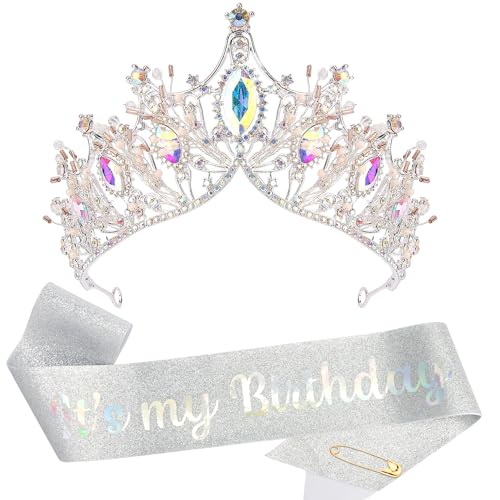 SuPoo Gold Birthday Sash and Crown Kit Princess Crown Birthday Tiara Birthday Queen Crown with Comb Birthday Sash for Women Crystal IT'S MY BIRTHDAY Headband Happy Birthday Decorations Gifts