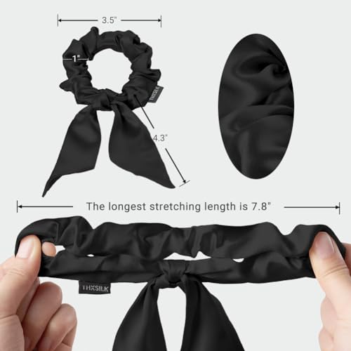 THXSILK Hair Silk Scrunchies with Bow for Women Pure Mulberry Silk Hair Cute Ring Ties Scrunchies for Girls Women's Thick Hair Black, 3.5"