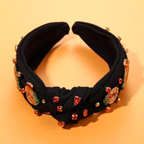 NVENF Halloween Headband Accessories for Women Crystal Pearl Knotted Headband Embellished Beaded Pumpkin Candy Corn Boo Headbands Rhinestone Jeweled Top Knot Headband Costume Party Favors (Pumpkin 4)