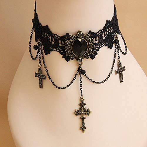 Love Sweety Halloween Vintage Crown Rose Headband Gothic Floral Headpiece (Necklace Cross)