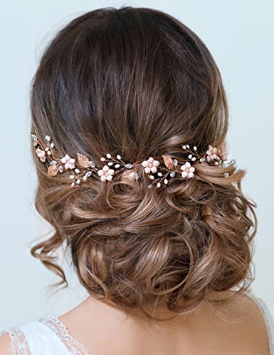 Teyglen Wedding Bride Rhinestones Pearls Crystal Headband Hair Vine Handmade Bridal Rose Gold Flower Beads Leaf Headband Wedding Hair Accessories for Brides Floral Hair Pieces Headpieces for Women