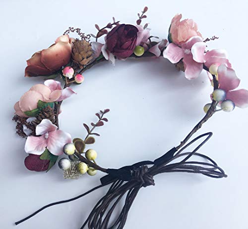 Vivivalue Vine Flower Crown Flower Garland Headband Hair Wreath Floral Headpiece Halo Boho with Ribbon Wedding Party Festival Photos