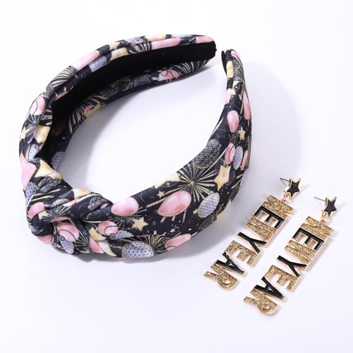 YAHPERN New Year’s Eve Headbands for Women Happy New Year Headband Printed Clock Top Hat Star Headband Holiday Knotted Headband New Year’s Eve Hair Accessories Party Favors Gifts (New Year)