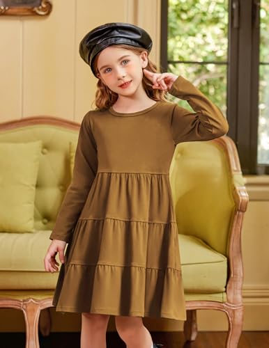 Arshiner Girls Long Sleeve Dress Fall Cotton Crewneck Tiered Ruffle Swing Solid Casual Midi Dresses Dark Green 6 Years