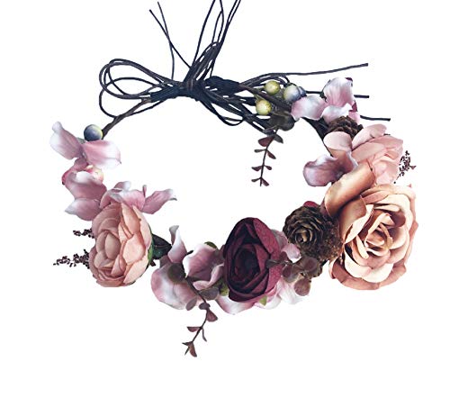 Vivivalue Vine Flower Crown Flower Garland Headband Hair Wreath Floral Headpiece Halo Boho with Ribbon Wedding Party Festival Photos