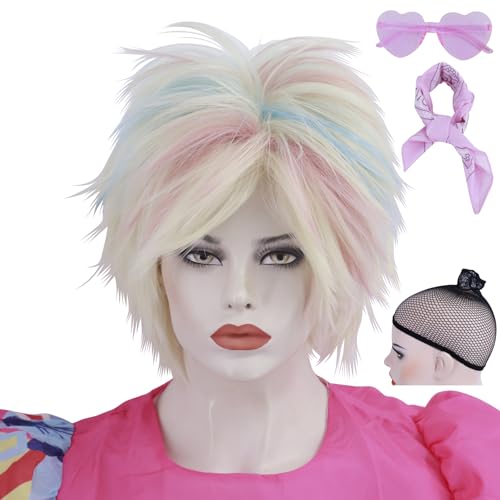 Cfalaicos Short Blonde Pink Blue Cosplay Wig for Women with Bandana and Glasses Spiky Colorful Cosplay Wigs for Adult Halloween Movie Party (Blonde Pink Blue Mixed)