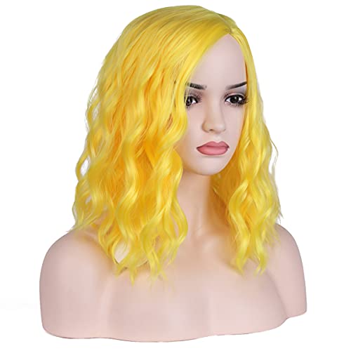 MAGQOO Yellow Wig Side Part Short Curly Wavy Bob Wig Yellow Hair Wigs Synthetic Halloween Cosplay Costume Party Wigs (Yellow, Women Girls)