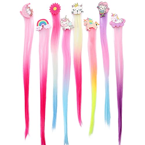 SVNMU 8 pcs Unicorn Hair Extensions for Little Girls,Kawaii Hair Clips Ombre Color Hair Accessories for Kids Birthday Gift Princess Costume Dress Up Party Favors