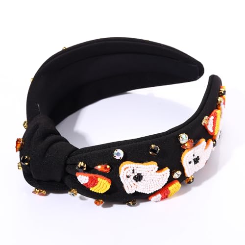 NVENF Halloween Headband Accessories for Women Crystal Pearl Knotted Headband Embellished Beaded Pumpkin Candy Corn Boo Headbands Rhinestone Jeweled Top Knot Headband Costume Party Favors (Ghost 3)