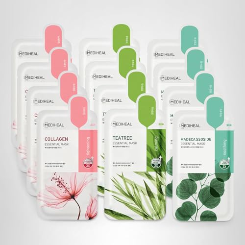 Mediheal Sheet Mask Essential HERO 12 Pack (Collagen, Tea Tree, Madecassoside) | Korean Skincare Facial Sheet Mask Combo, Moisturizing, Soothing and for Blemishes