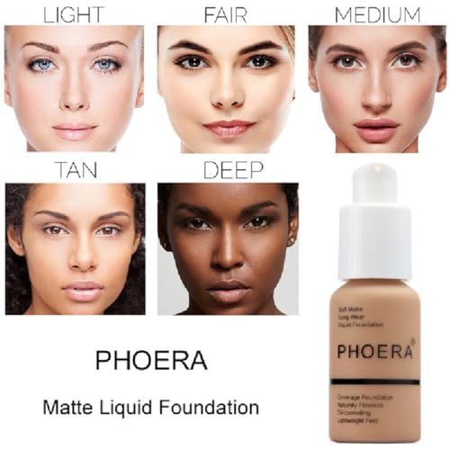 PHOERA Foundation, Flawless Soft Matte Liquid Foundation 24 HR Oil Control Concealer Foundation Makeup. (1 Pcs-105- Sand)