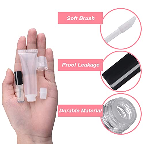 AMORIX 50PCS Mini Lip Gloss Tubes with Wand 1.2ml Empty Containers Clear Refillable Travel Lip Balm Bottles for Samples with 5ml Syringes DIY Lip Gloss Base + Tag Labels Stickers (Black)