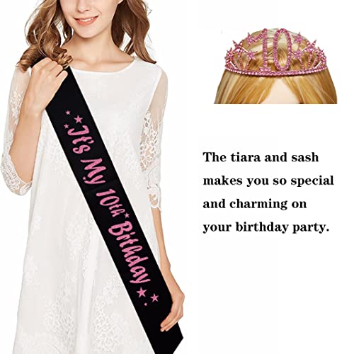 Happy 10th Birthday Tiara and Sash Gifts Crystal Rhinestone Princess Crown Birthday Girl Party Favor Supplies Pink Crowns Black Sash