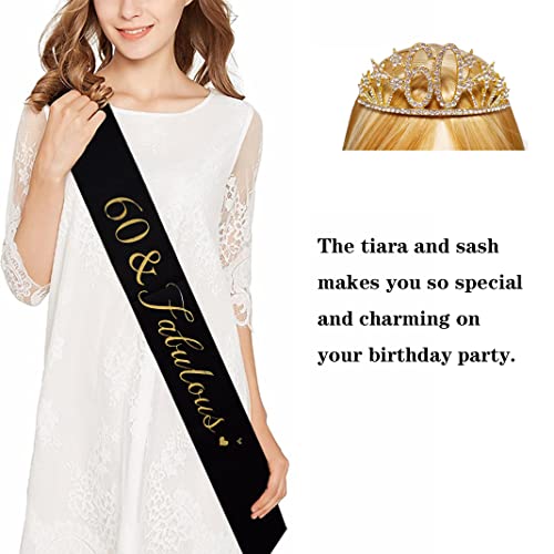 Happy 60th Birthday Tiara and Sash Gifts Crystal Rhinestone Princess Crown Birthday Queen Party Favor Supplies Gold Crowns Black Sash