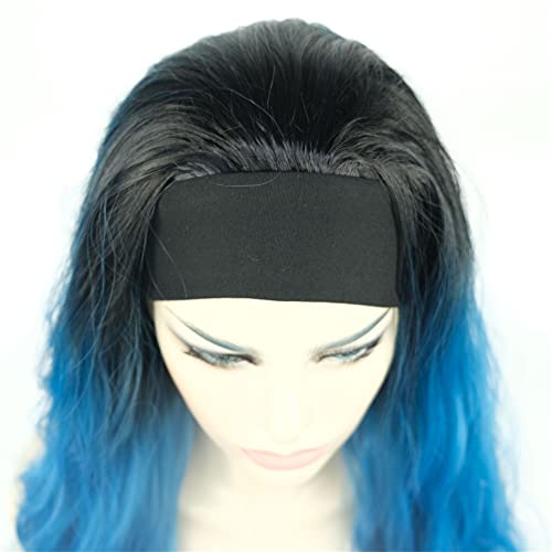 Aimole Long 24" Wavy Wigs 3/4 Women Wig With Headband Black Blue Ombre Synthetic Hair (1+T4330)