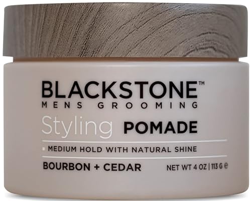 Blackstone Men's Grooming Hair Styling Pomade - Medium Hold with Natural Shine | Paraben & Cruelty | Made in USA, Bourbon + Cedar (4 oz)