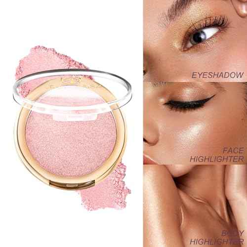 YOUNG VISION Pressed Powder Highlighter, Baked Natural Glow Contour Powder & Face Highlighter, Cruelty-Free, Shimmer Highlighting Makeup for Face, Eye, Eyeshadow, Body, Skin (Pink)