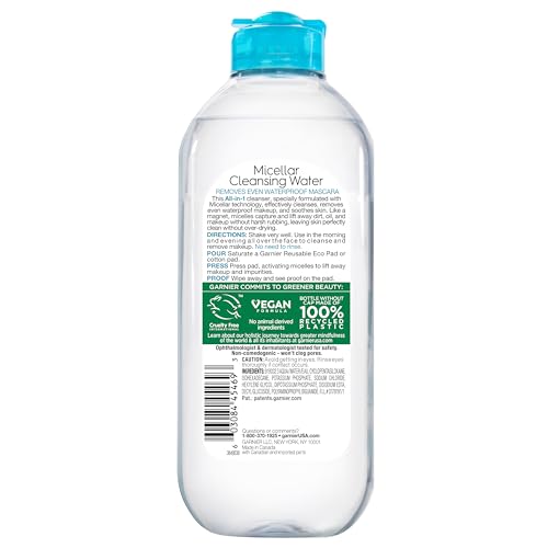 Garnier Micellar Water For Waterproof Makeup, Hydrating Facial Cleanser & Makeup Remover, Suitable for Sensitive Skin, Vegan, Cruelty Free, 13.5 Fl Oz (400mL), 1 Count